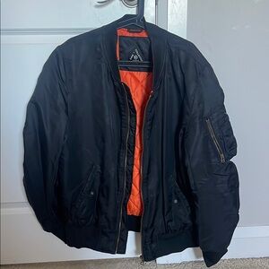 Orange Lined Black Bomber Jacket with Ribbed Details
